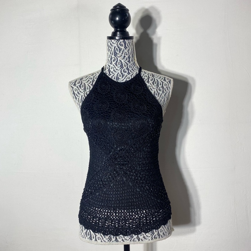 Vintage Y2K Le Chateau Black Crochet Halter Top Going Out Top XS